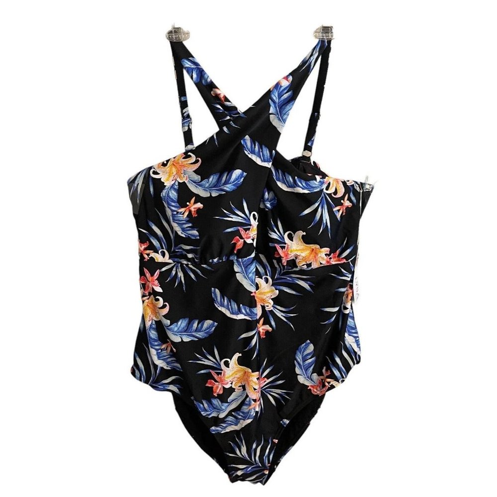 NWT Lysa UPF 50 Black/Blue Floral Built In Bra One-Piece Swimsuit Size 3X (26W)